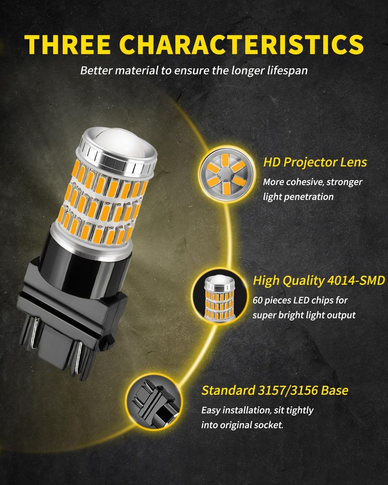 AUXLIGHT 3157 3057 3156 4157 3157K LED Bulbs Amber Yellow, Ultra Bright 60-SMD LED Replacement for Blinker Lights, Turn Signal/Parking or Running Lights, Brake/Tail Lights (Pack of 2) - Image 2